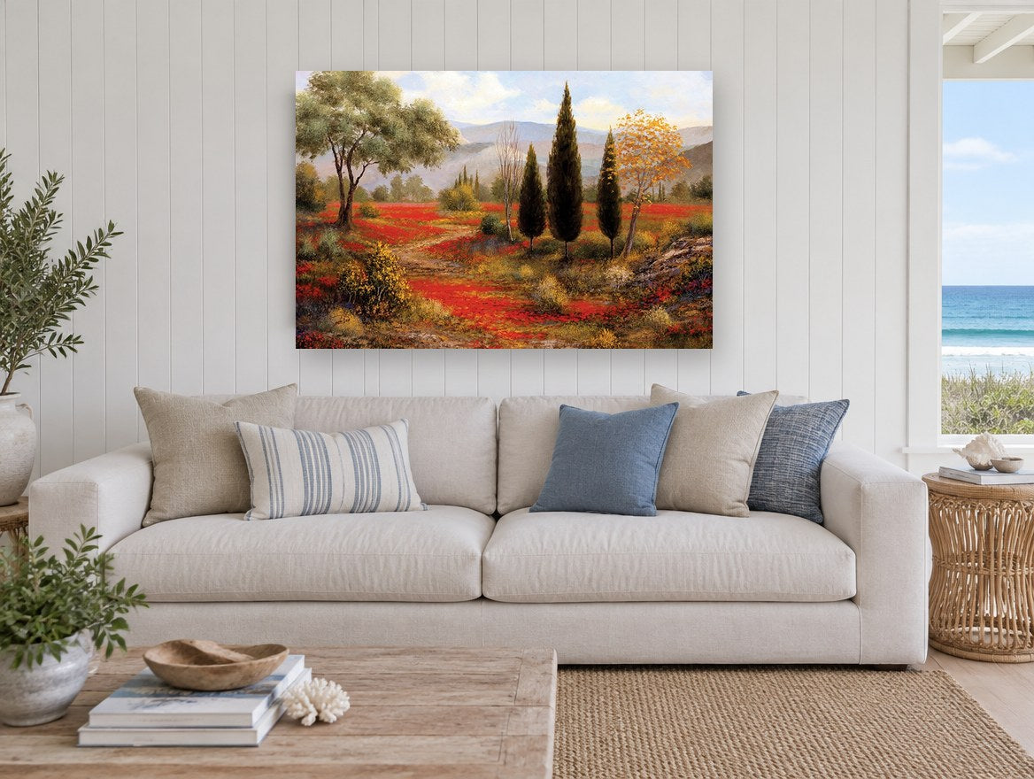 Poppy Field Cypresses floral canvas print on the wall of a beach house living room