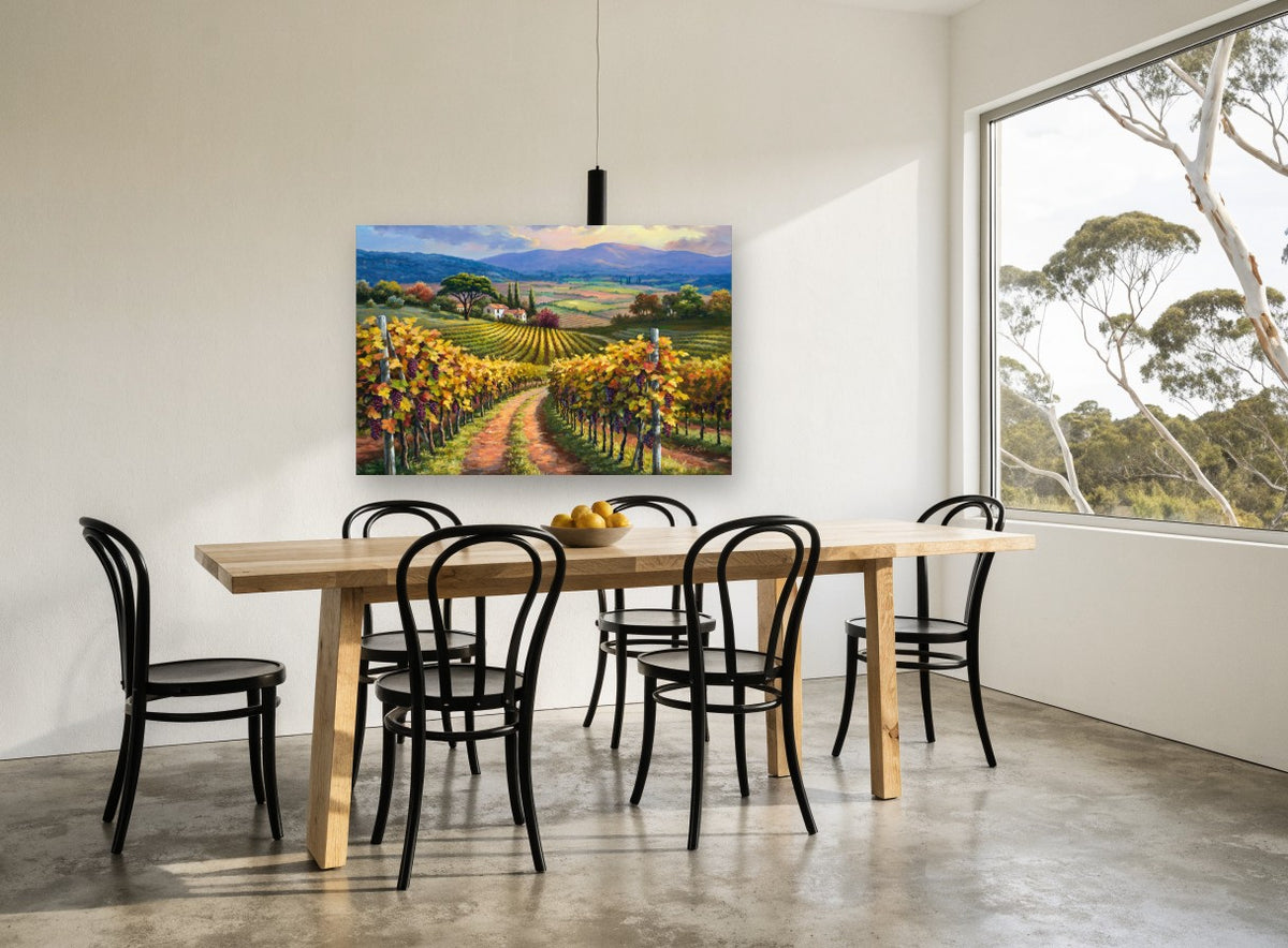 Autumn Vineyard Lane floral canvas print on the wall of a dining room