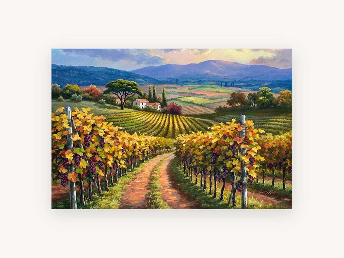 Autumn Vineyard Lane, floral canvas wall art print, front view