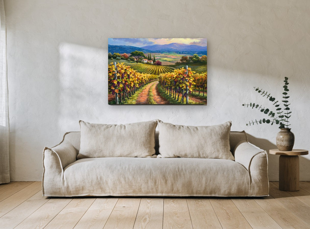 Autumn Vineyard Lane floral canvas print on the wall of a living room