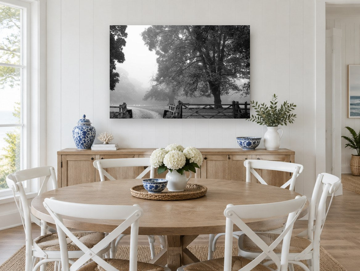 Gate in the Mist floral canvas print on the wall of a Hamptons dining room