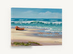 Sandpipers and Beached Boat, sandpipers beach rowboat seascape painting, coastal canvas wall art print ready to hang