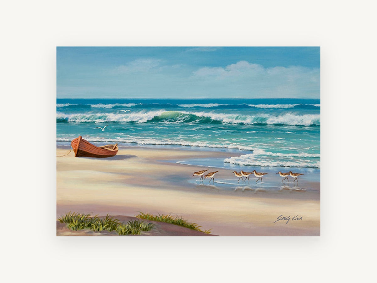 Sandpipers and Beached Boat, coastal canvas wall art print, front view