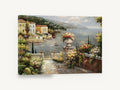 Terrace Over the Harbour, mediterranean harbour terrace flowers seascape, coastal canvas wall art print ready to hang