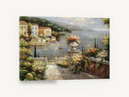Terrace Over the Harbour, mediterranean harbour terrace flowers seascape, coastal canvas wall art print ready to hang