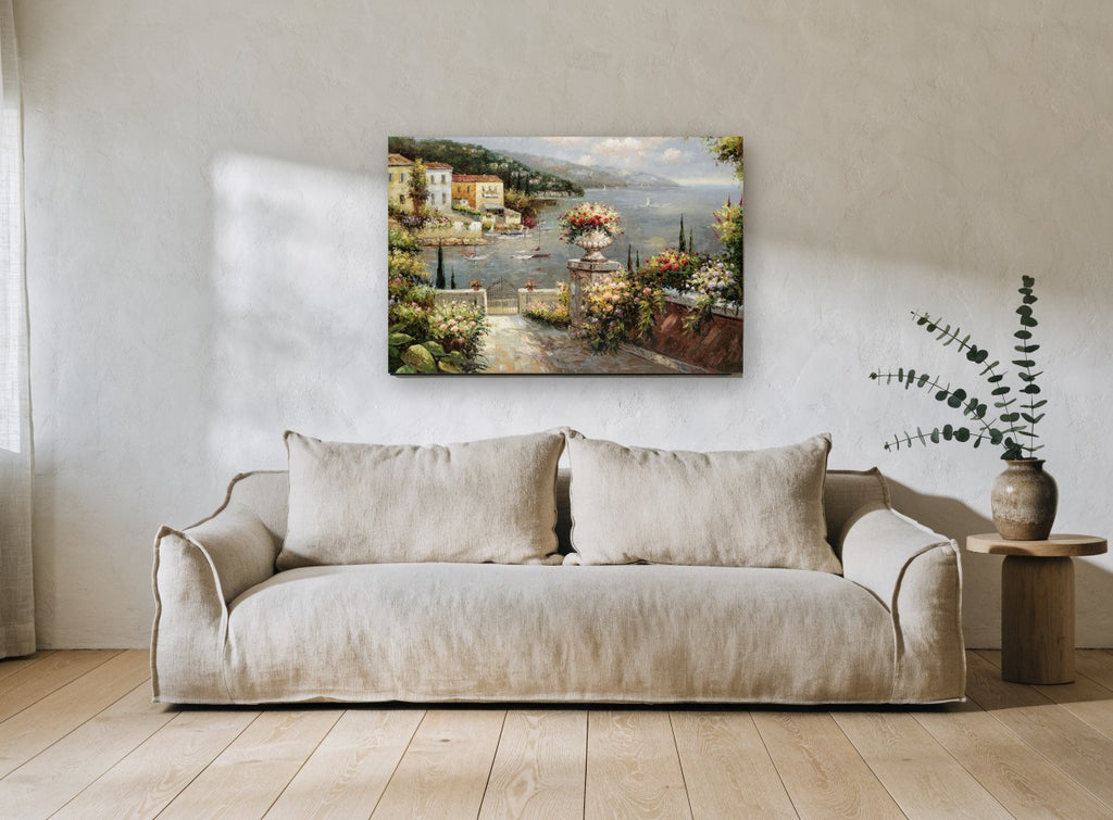 Terrace Over the Harbour coastal canvas print on the wall of a living room