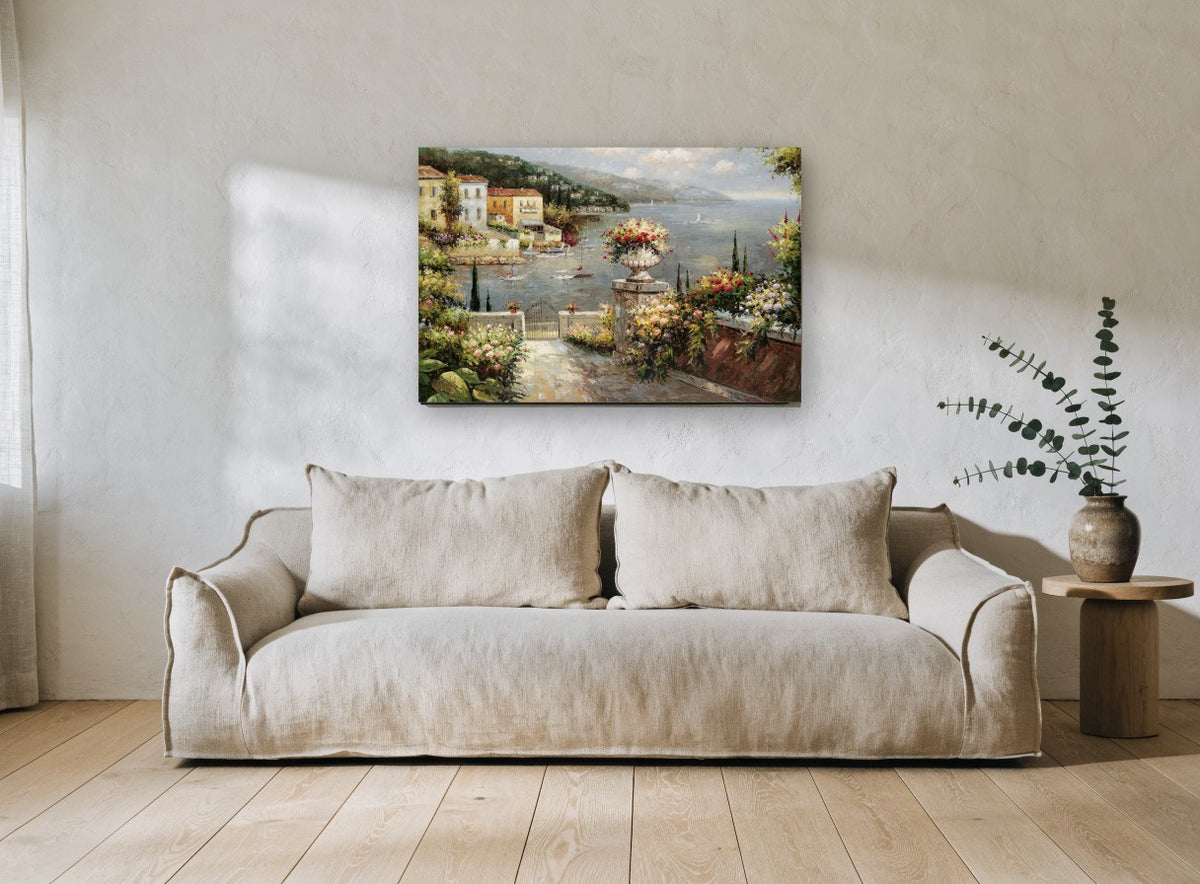 Terrace Over the Harbour coastal canvas print on the wall of a living room