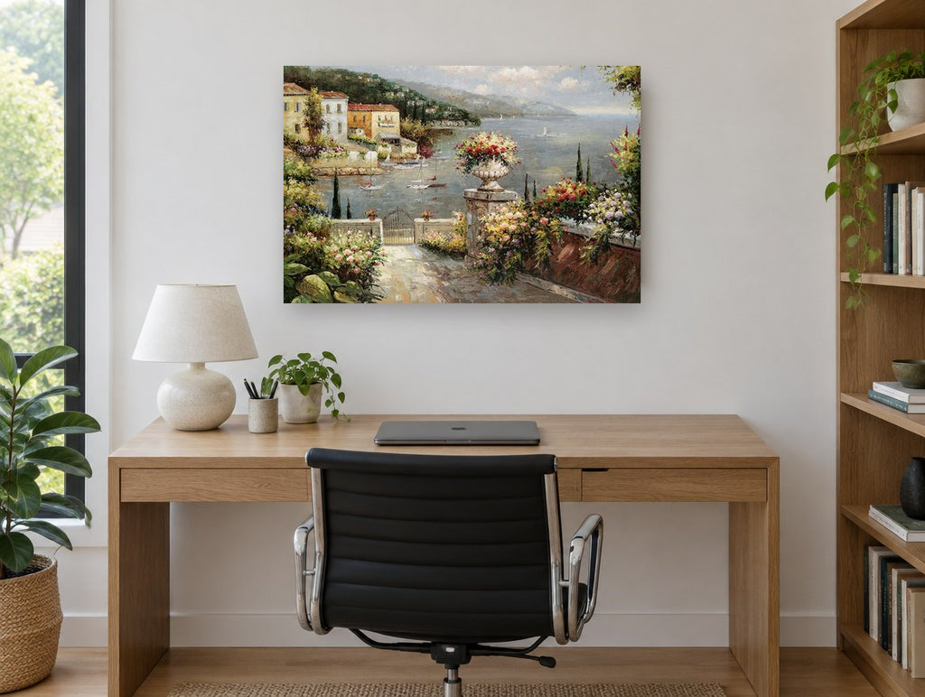 Terrace Over the Harbour coastal canvas print on the wall of a study