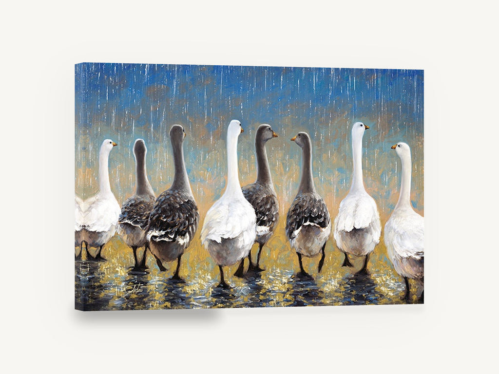 Geese in the Rain, geese walking in rain painting, animal canvas wall art print ready to hang