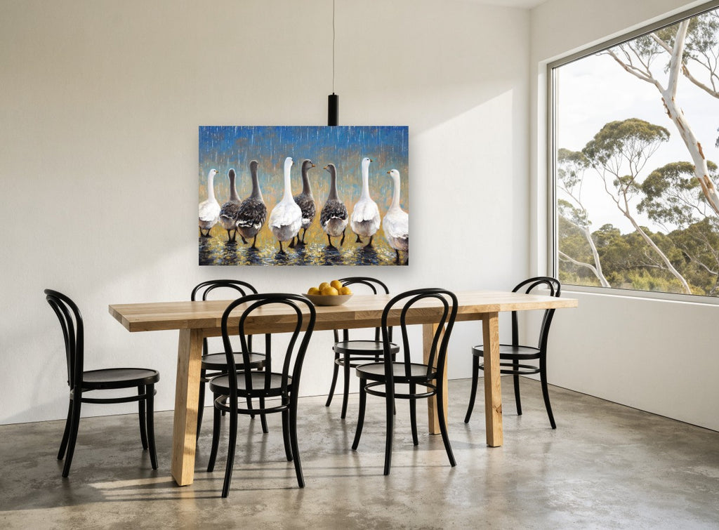 Geese in the Rain animal canvas print on the wall of a dining room