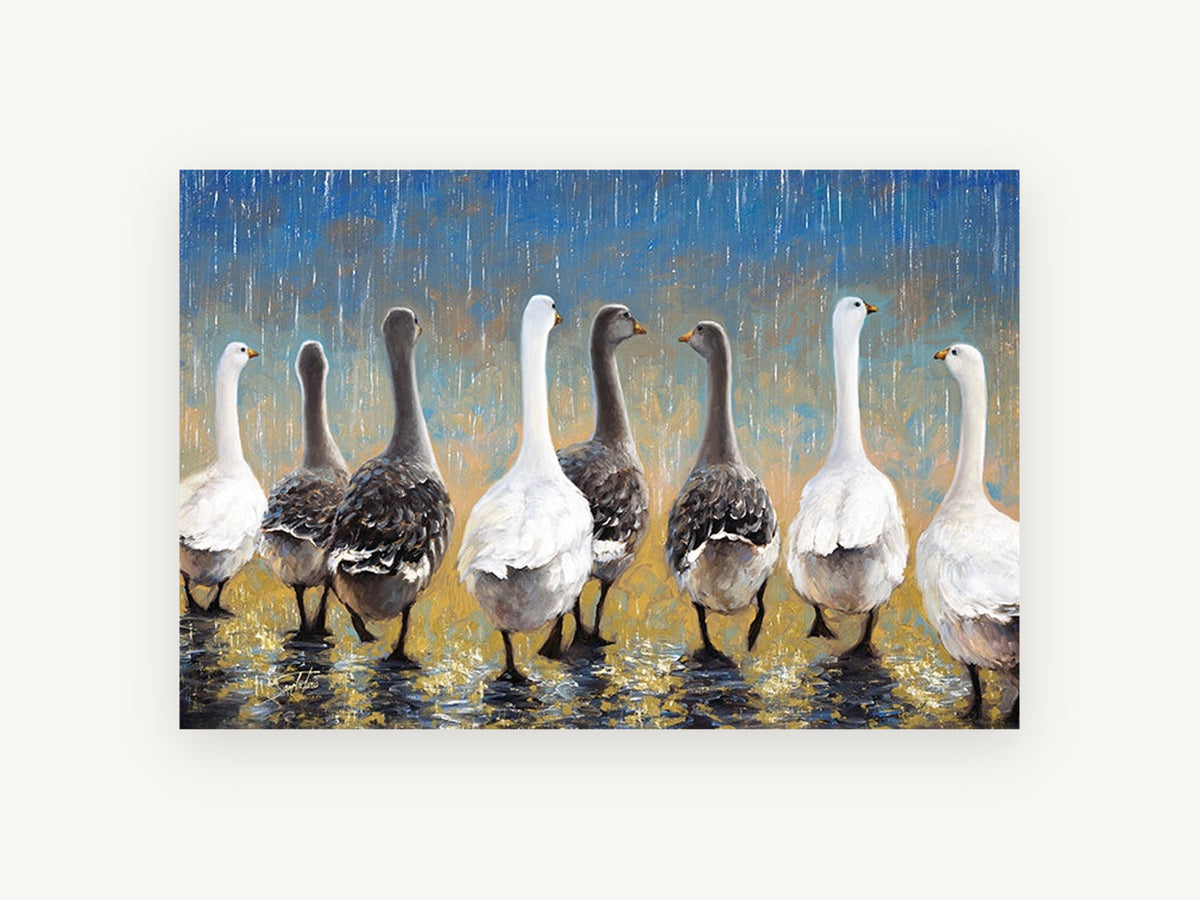 Geese in the Rain, geese walking in rain painting, animal canvas wall art print, front view