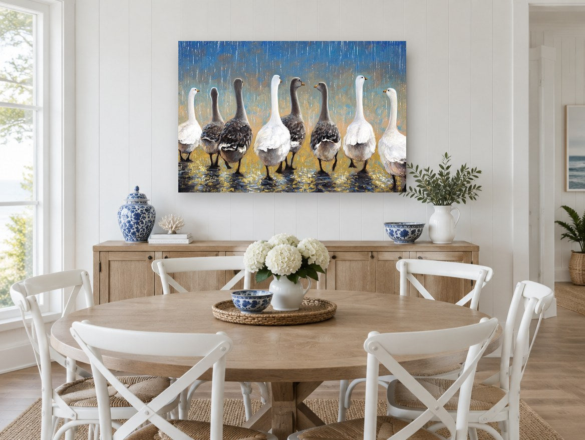 Geese in the Rain animal canvas print on the wall of a Hamptons dining room