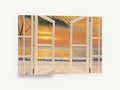 Open Doors to Sunset, sunset beach through open doors, coastal canvas wall art print ready to hang