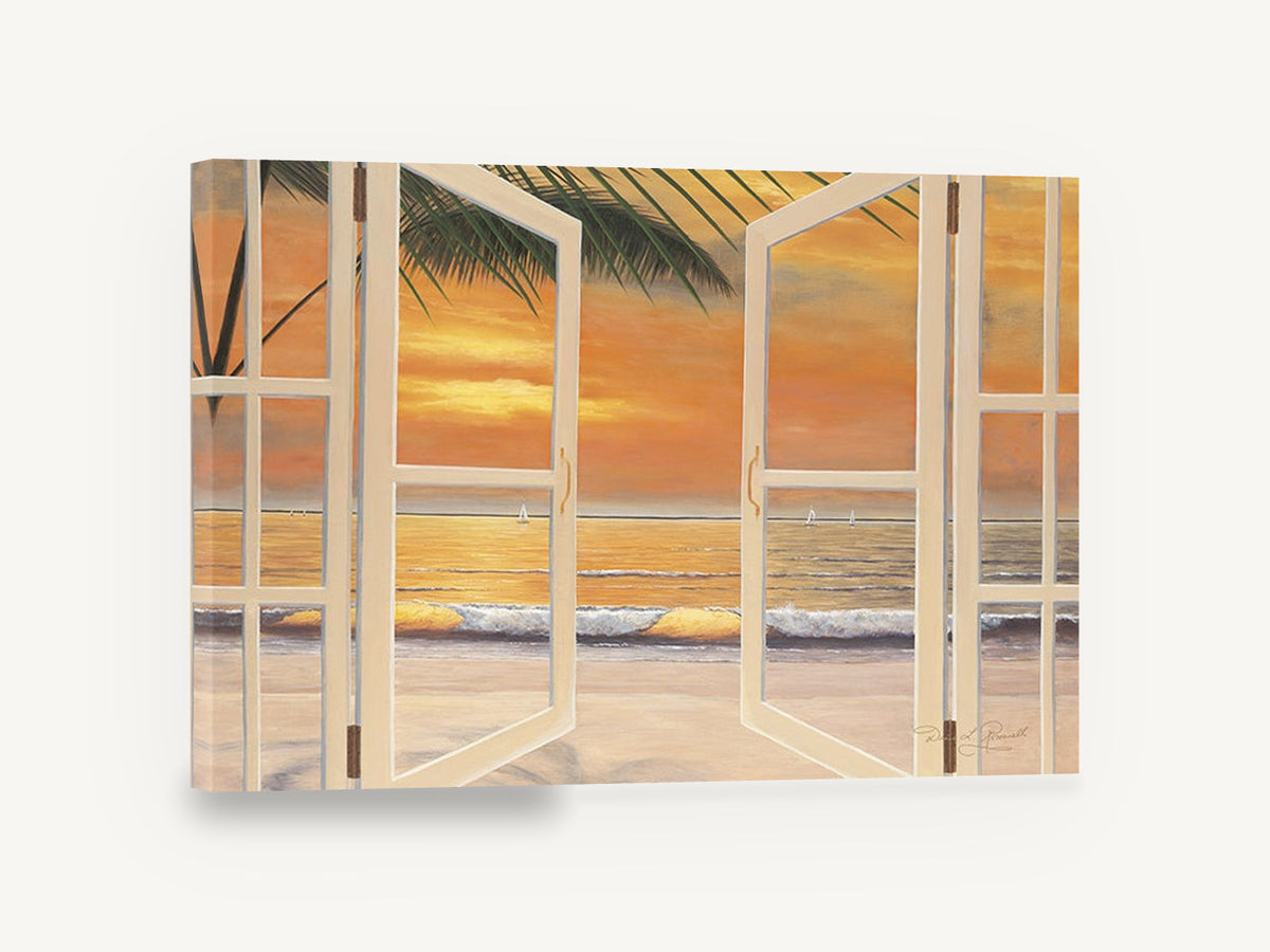 Open Doors to Sunset, sunset beach through open doors, coastal canvas wall art print ready to hang