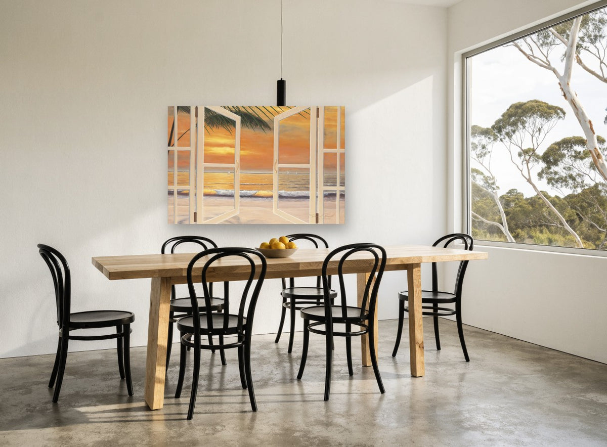 Open Doors to Sunset coastal canvas print on the wall of a dining room