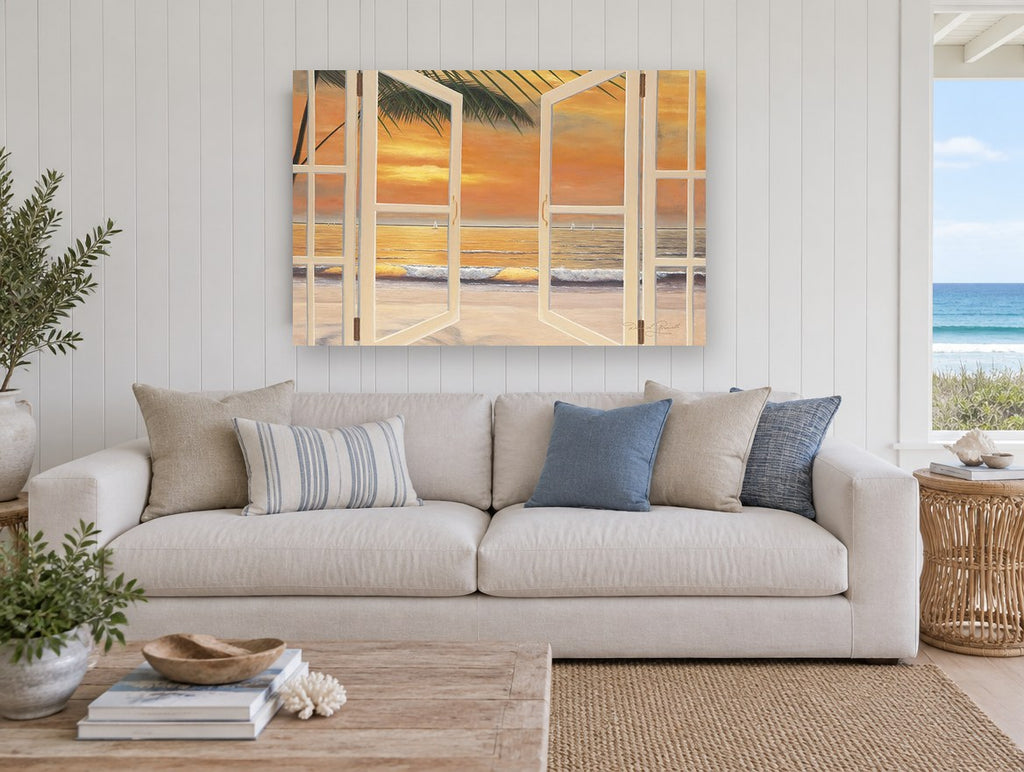 Open Doors to Sunset coastal canvas print on the wall of a beach house living room