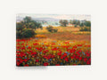 Scarlet Poppy Farmhouse Vista, red poppy field countryside landscape, floral canvas wall art print ready to hang