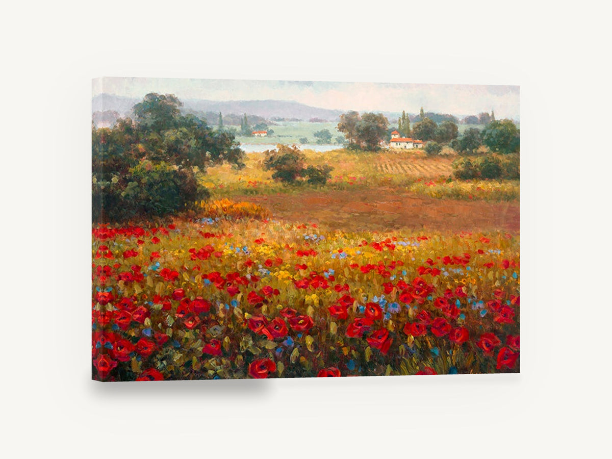 Scarlet Poppy Farmhouse Vista, red poppy field countryside landscape, floral canvas wall art print ready to hang