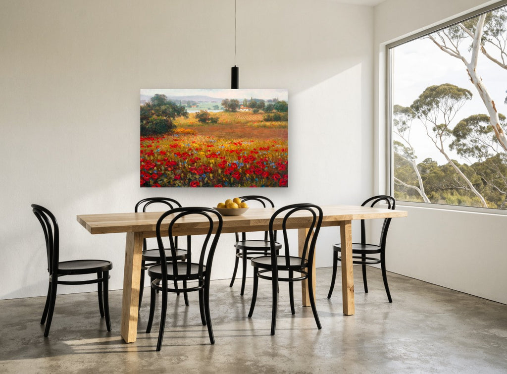 Scarlet Poppy Farmhouse Vista floral canvas print on the wall of a dining room