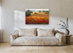Scarlet Poppy Farmhouse Vista floral canvas print on the wall of a living room