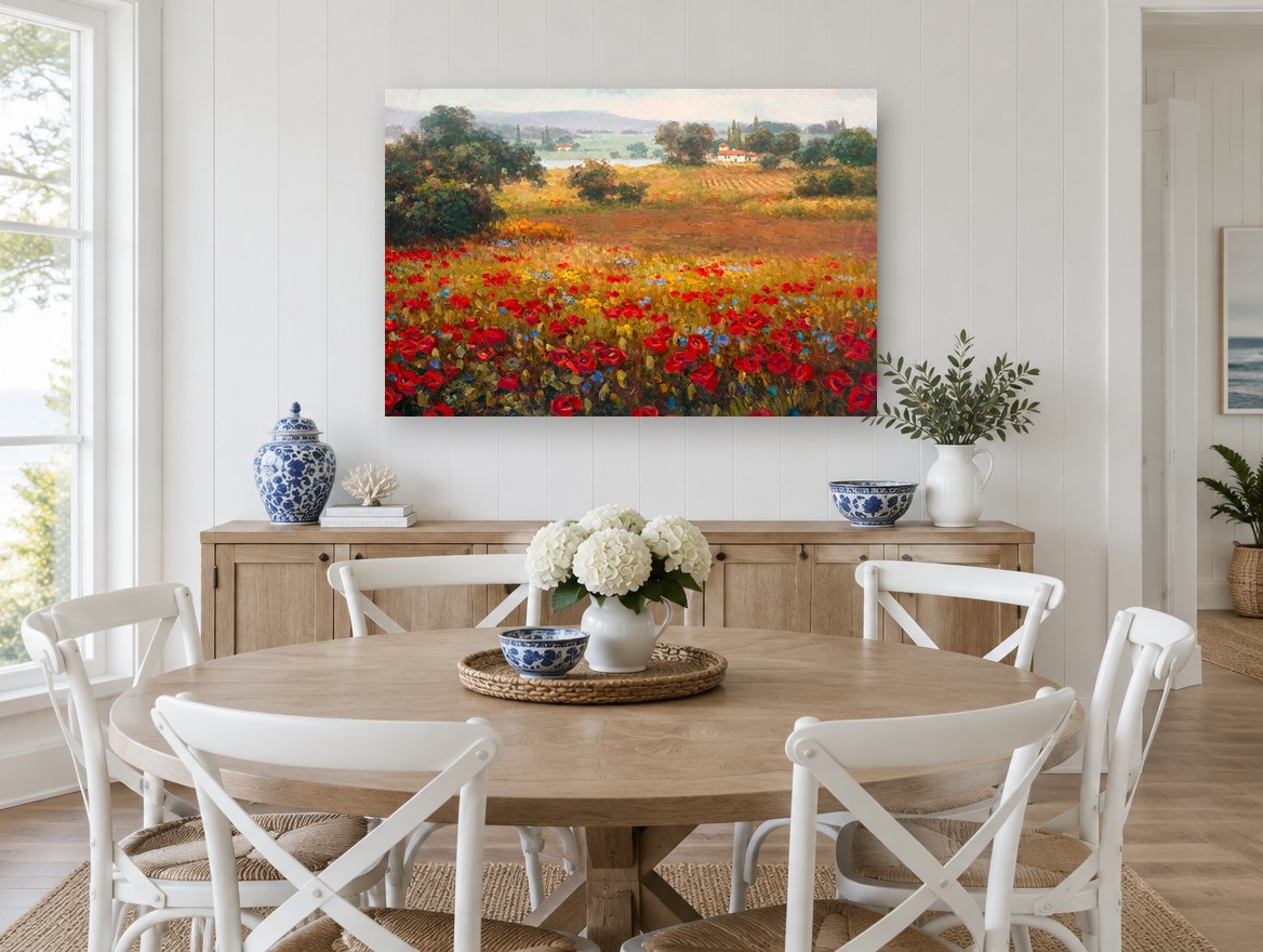 Scarlet Poppy Farmhouse Vista floral canvas print on the wall of a Hamptons dining room