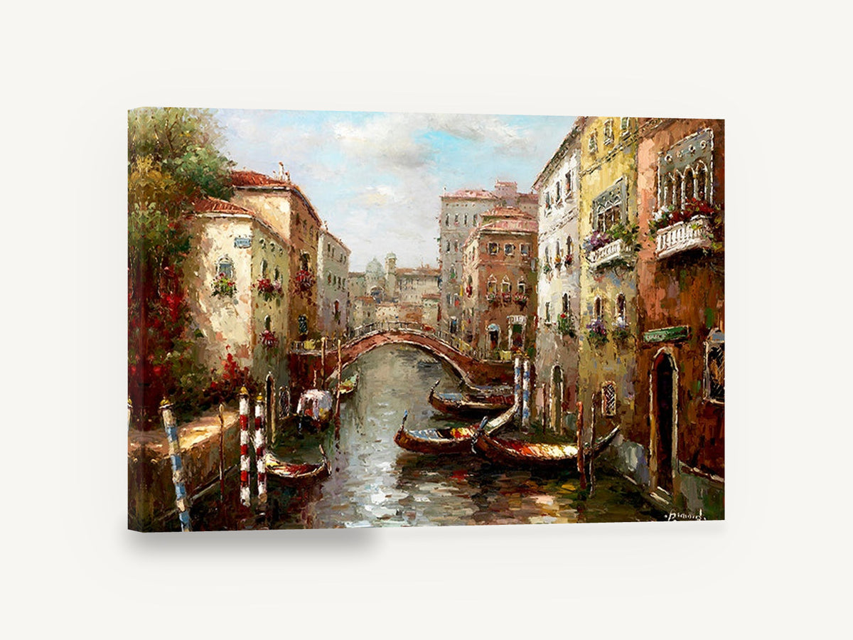Canal Gondolas at Dusk, venetian canal gondolas painting style scene, landscape canvas wall art print ready to hang