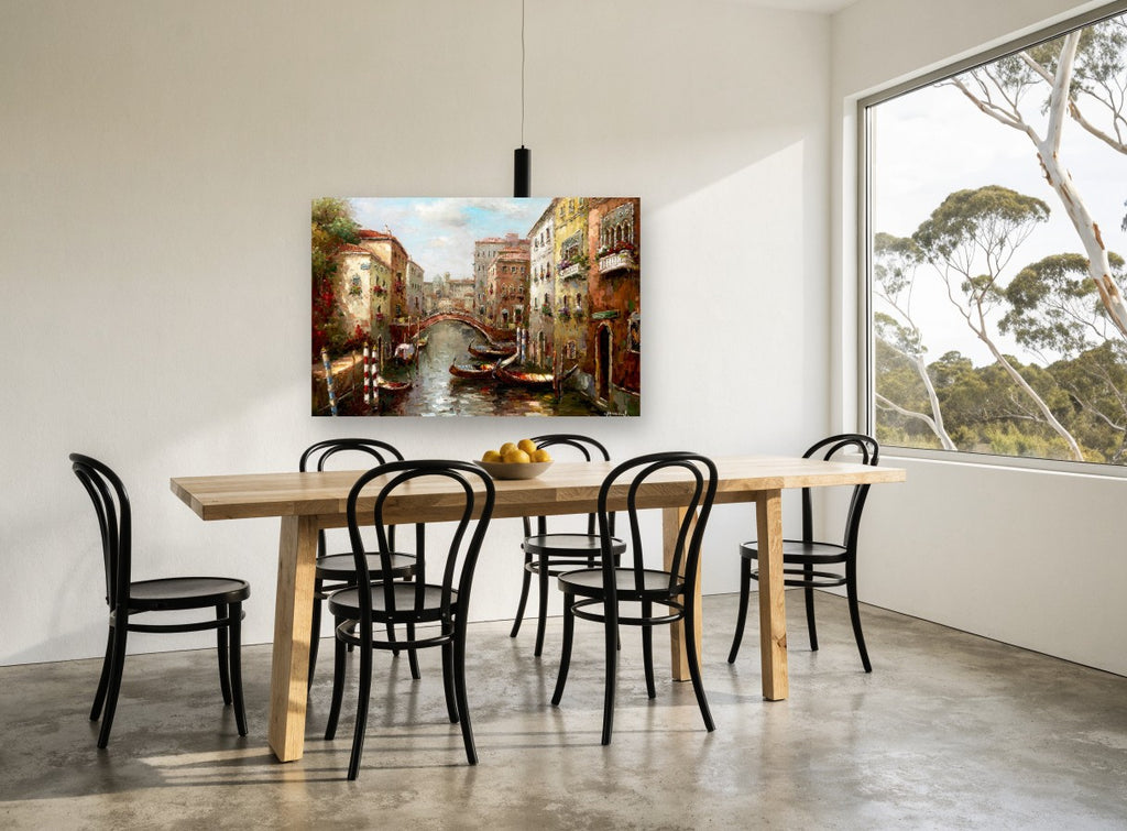 Canal Gondolas at Dusk landscape canvas print on the wall of a dining room
