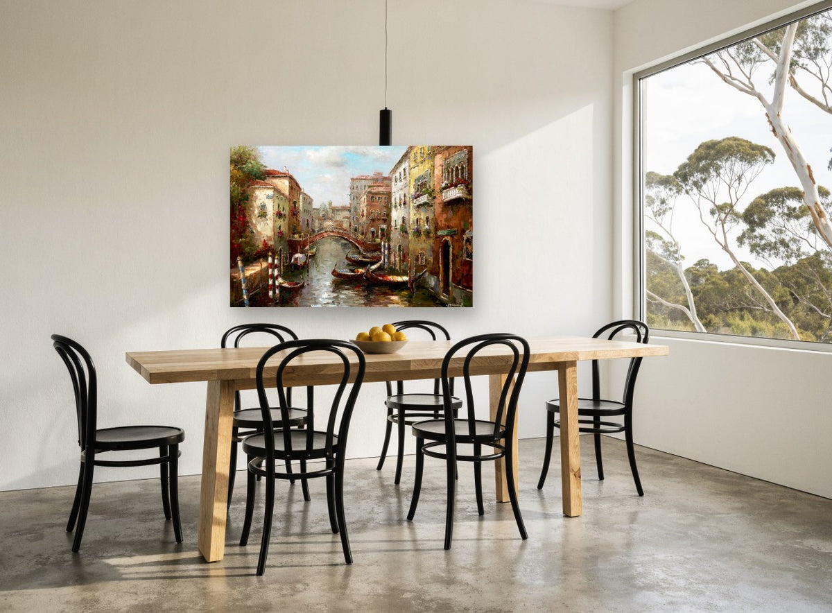Canal Gondolas at Dusk landscape canvas print on the wall of a dining room