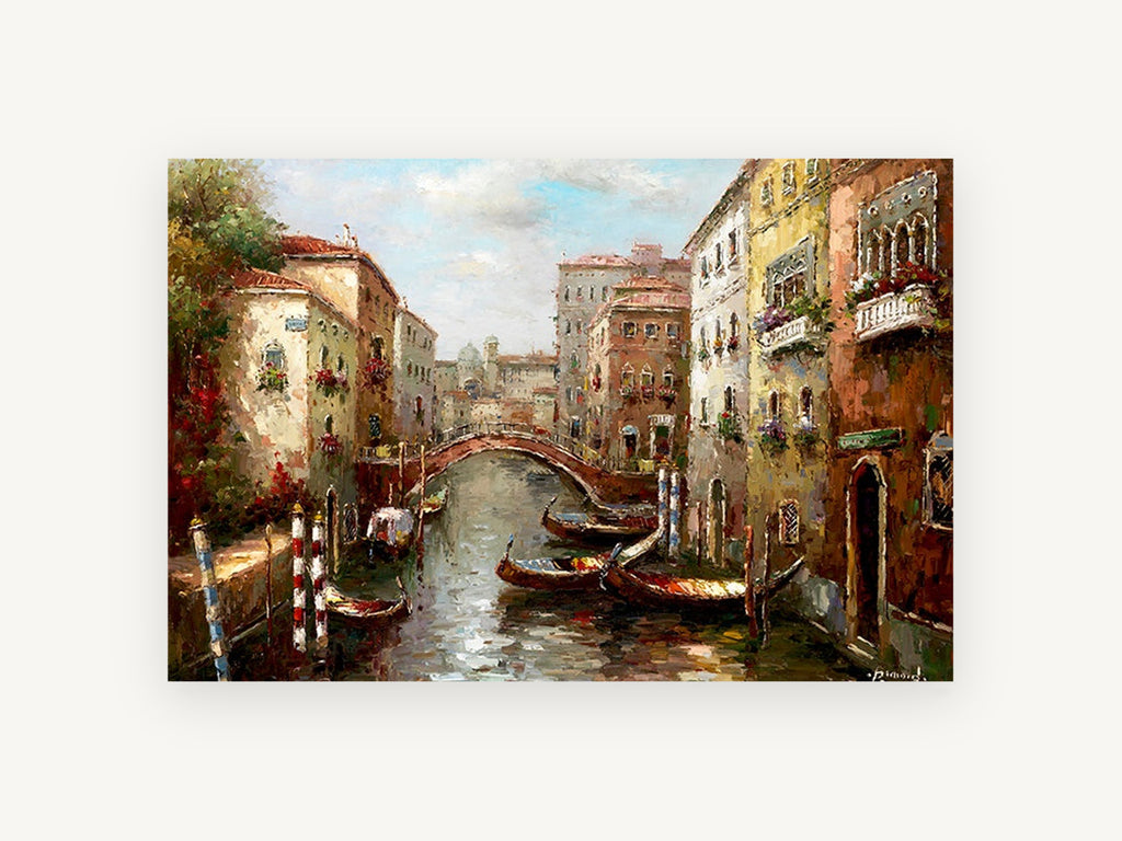 Canal Gondolas at Dusk, venetian canal gondolas painting style scene, landscape canvas wall art print, front view