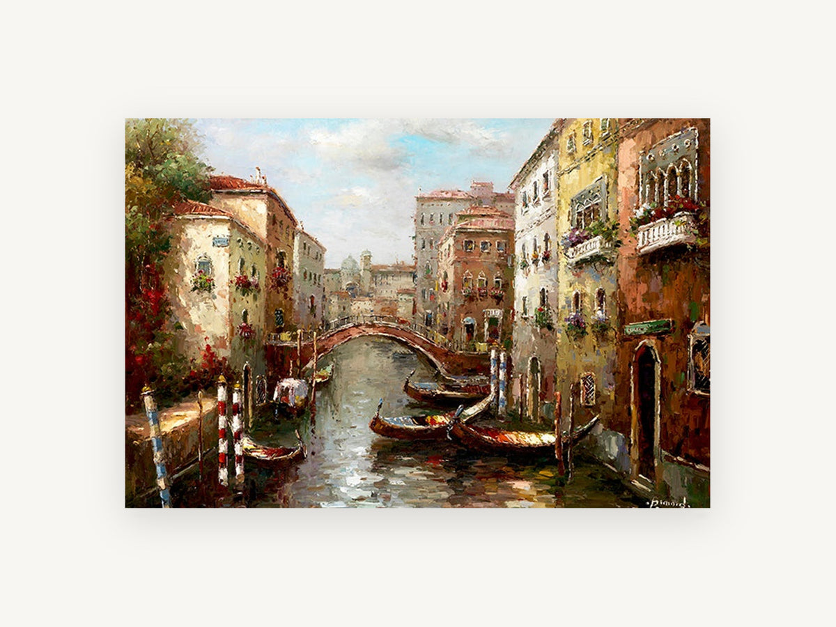 Canal Gondolas at Dusk, venetian canal gondolas painting style scene, landscape canvas wall art print, front view