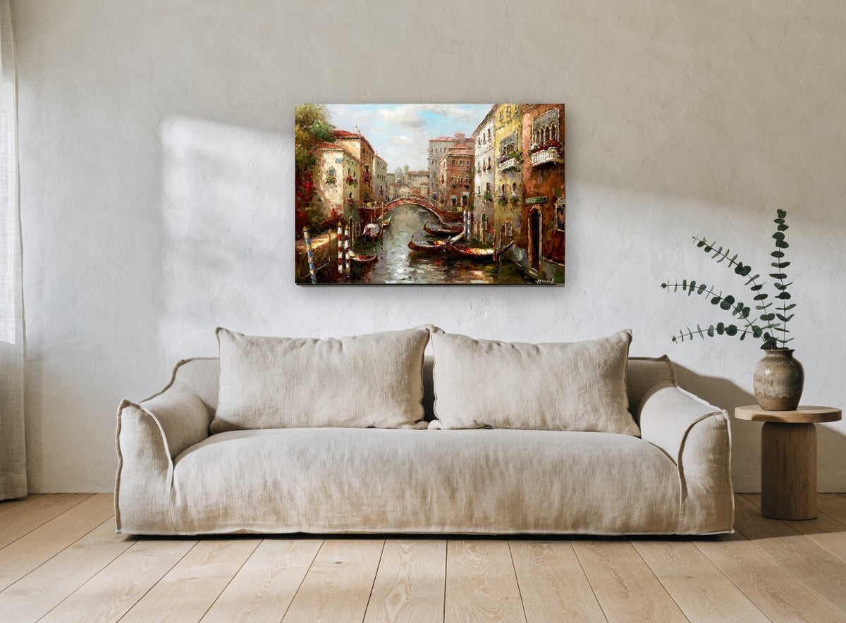 Canal Gondolas at Dusk landscape canvas print on the wall of a living room