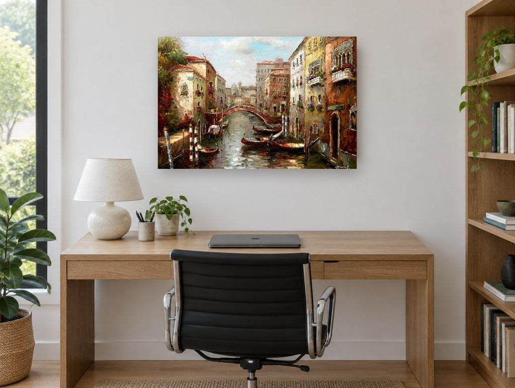 Canal Gondolas at Dusk landscape canvas print on the wall of a study