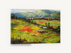 Poppy Meadow Village, poppy meadow hillside village landscape, floral canvas wall art print ready to hang
