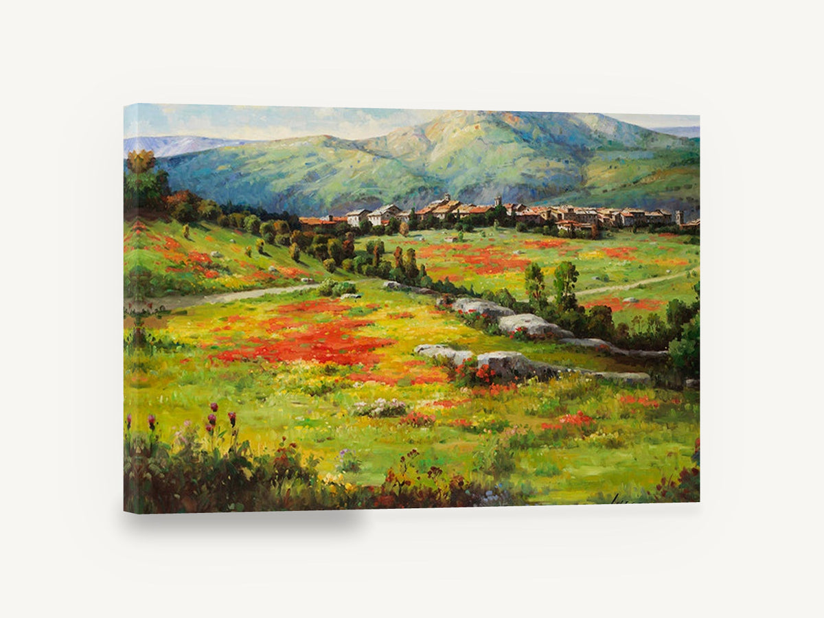 Poppy Meadow Village, poppy meadow hillside village landscape, floral canvas wall art print ready to hang