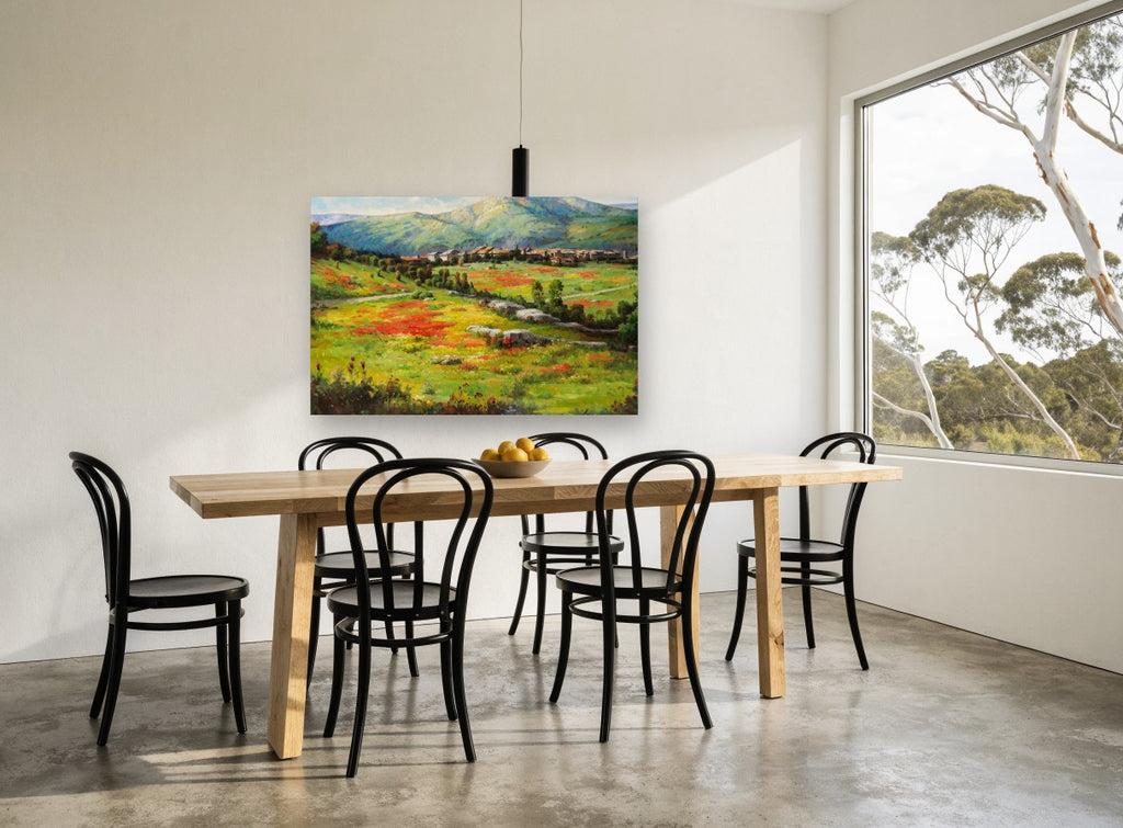 Poppy Meadow Village floral canvas print on the wall of a dining room