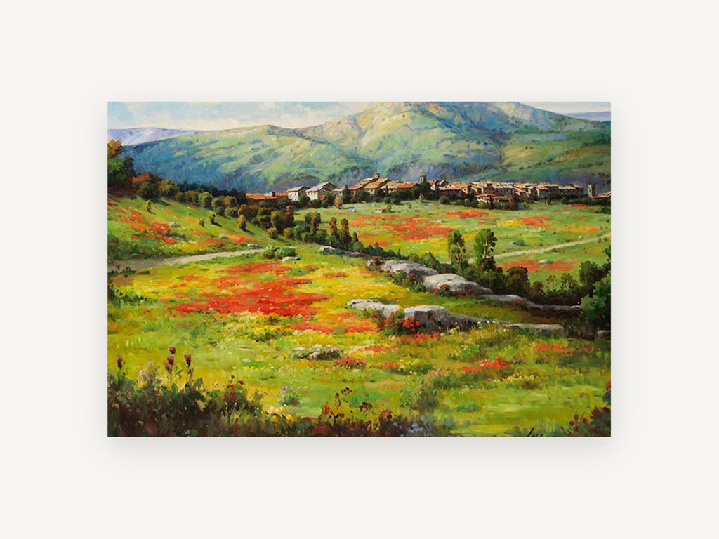 Poppy Meadow Village, floral canvas wall art print, front view