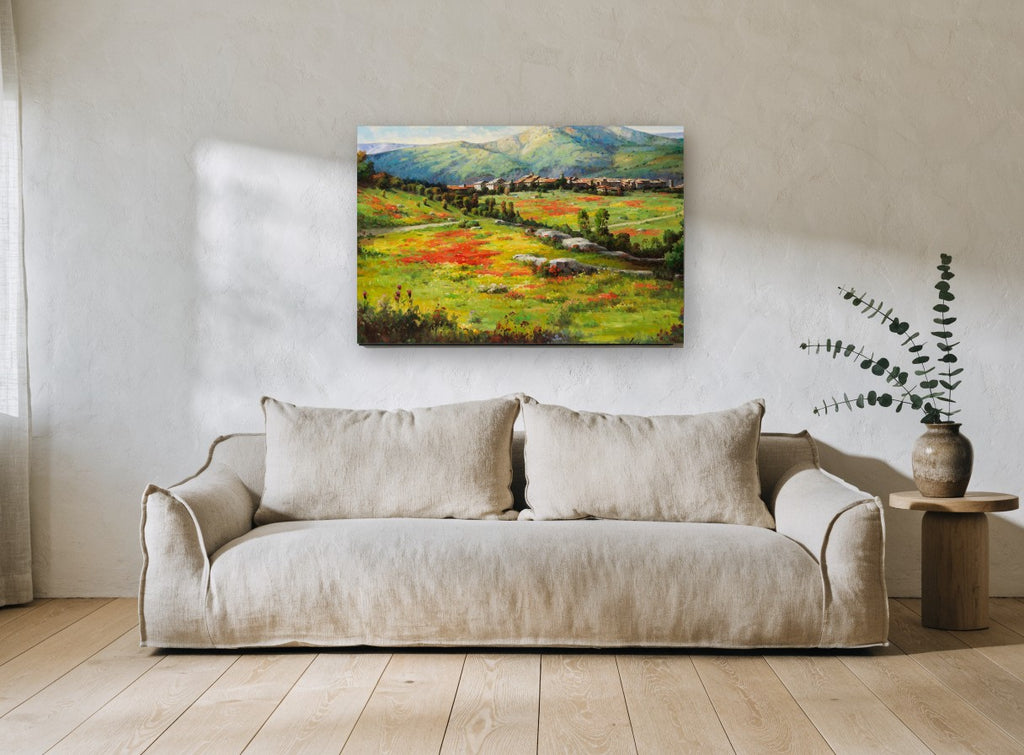 Poppy Meadow Village floral canvas print on the wall of a living room
