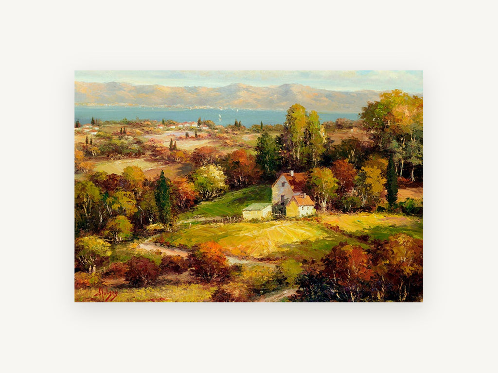 Autumn Farmhouse Valley, floral canvas wall art print, front view