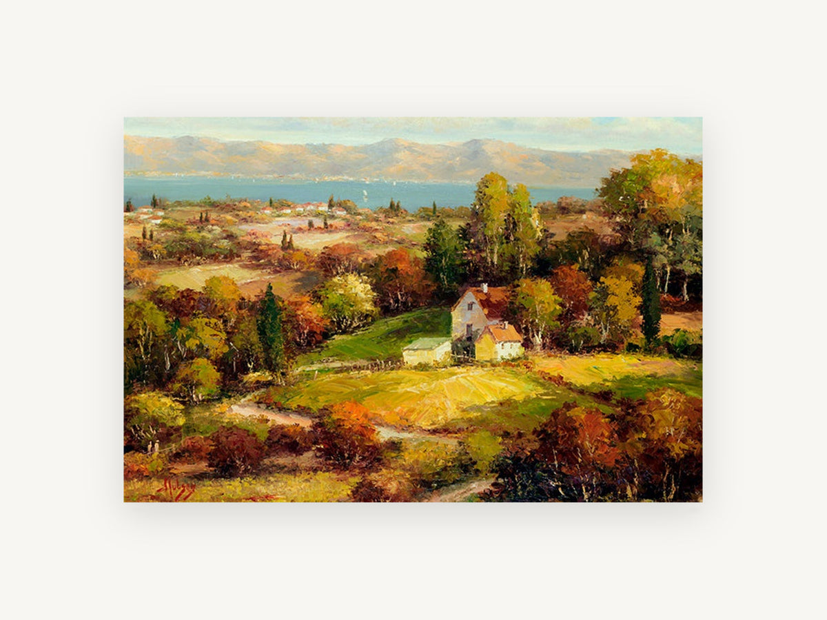 Autumn Farmhouse Valley, floral canvas wall art print, front view