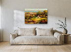 Autumn Farmhouse Valley floral canvas print on the wall of a living room
