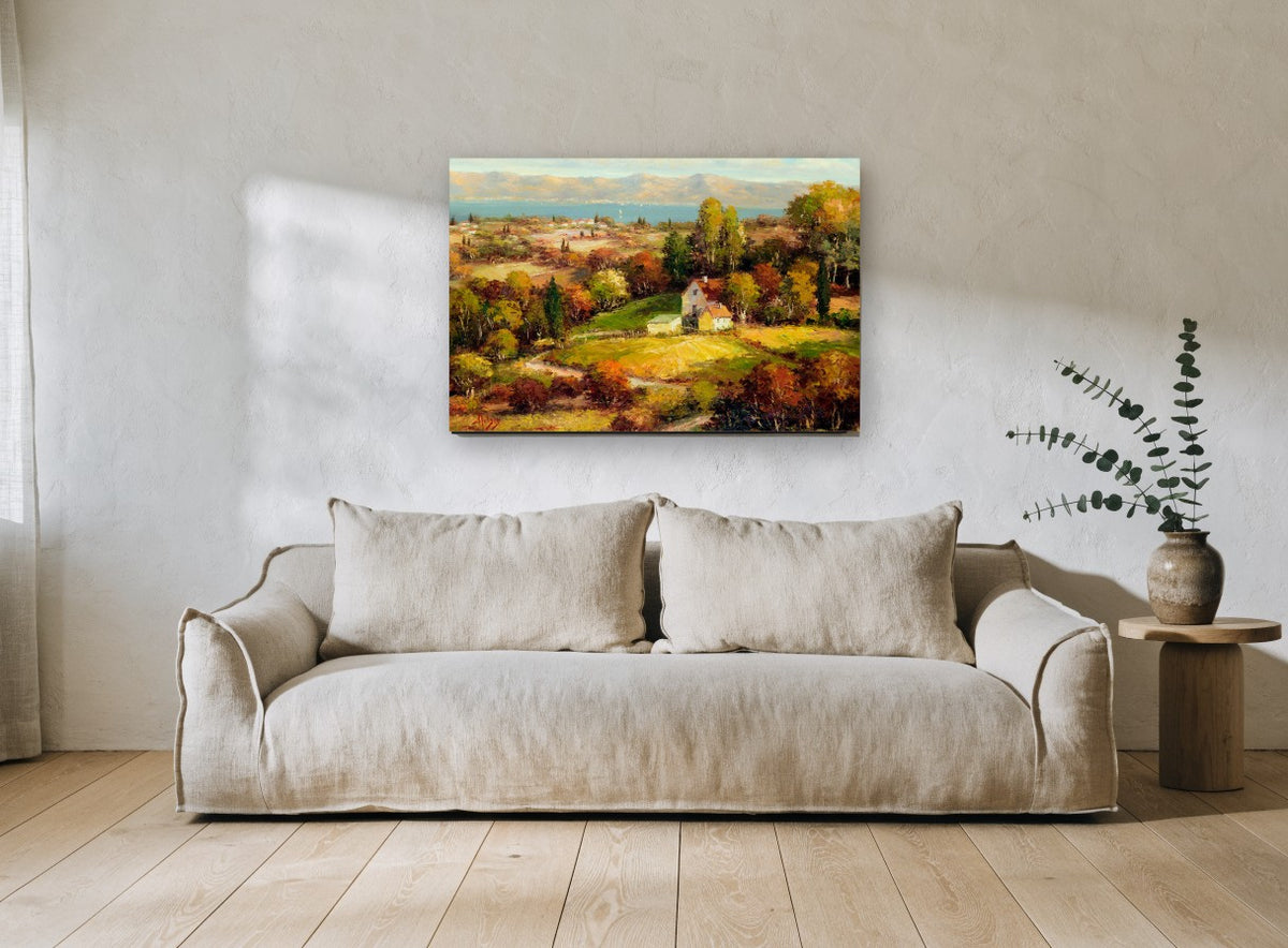 Autumn Farmhouse Valley floral canvas print on the wall of a living room