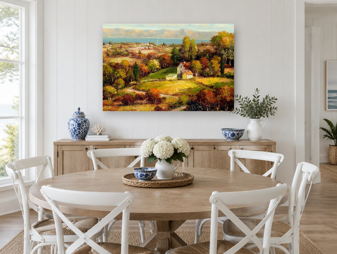 Autumn Farmhouse Valley floral canvas print on the wall of a Hamptons dining room