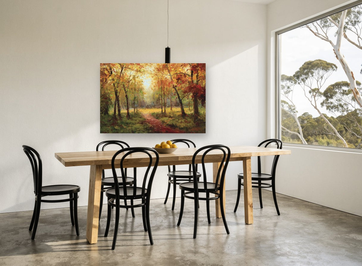 Autumn Forest Path floral canvas print on the wall of a dining room
