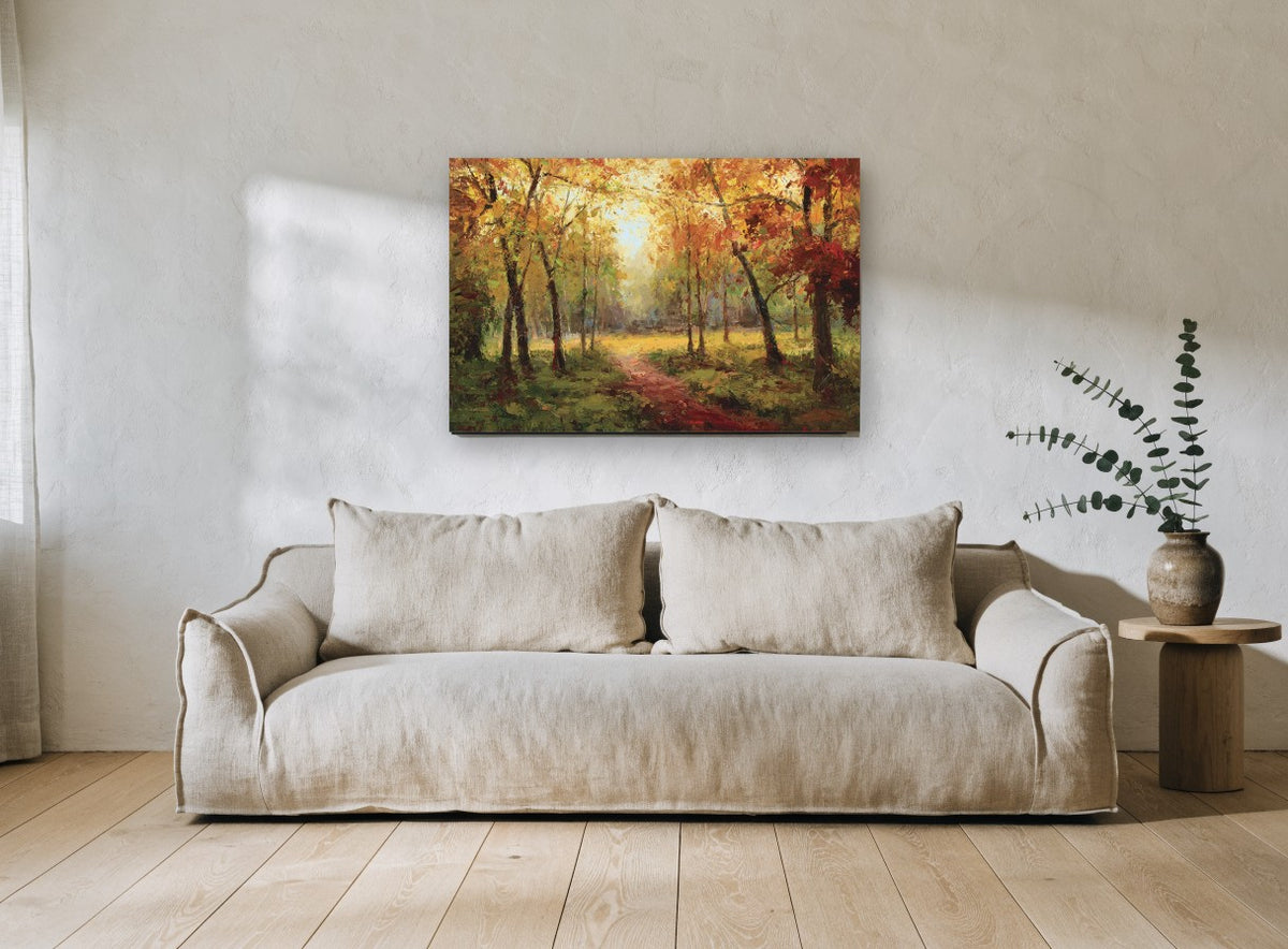 Autumn Forest Path floral canvas print on the wall of a living room