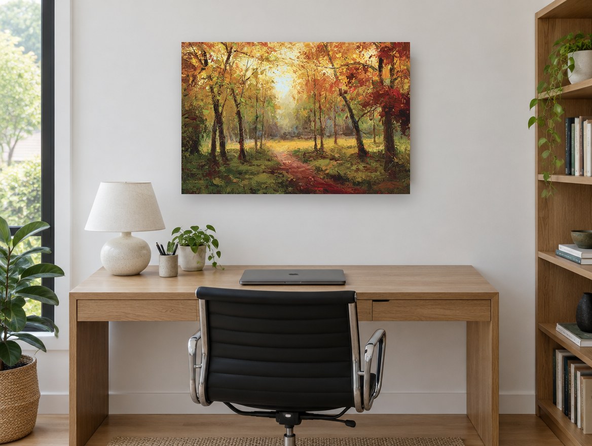 Autumn Forest Path floral canvas print on the wall of a study