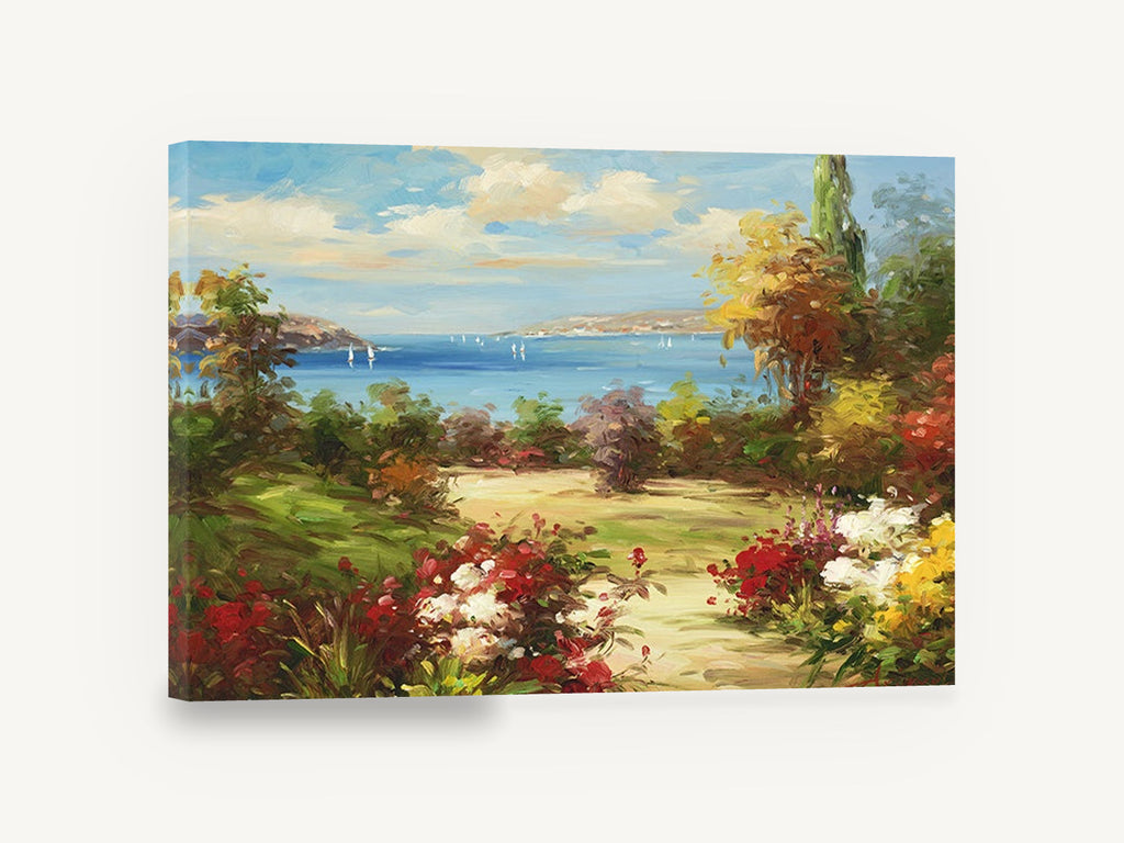 Garden Path to the Bay, coastal garden bay landscape painting, coastal canvas wall art print ready to hang