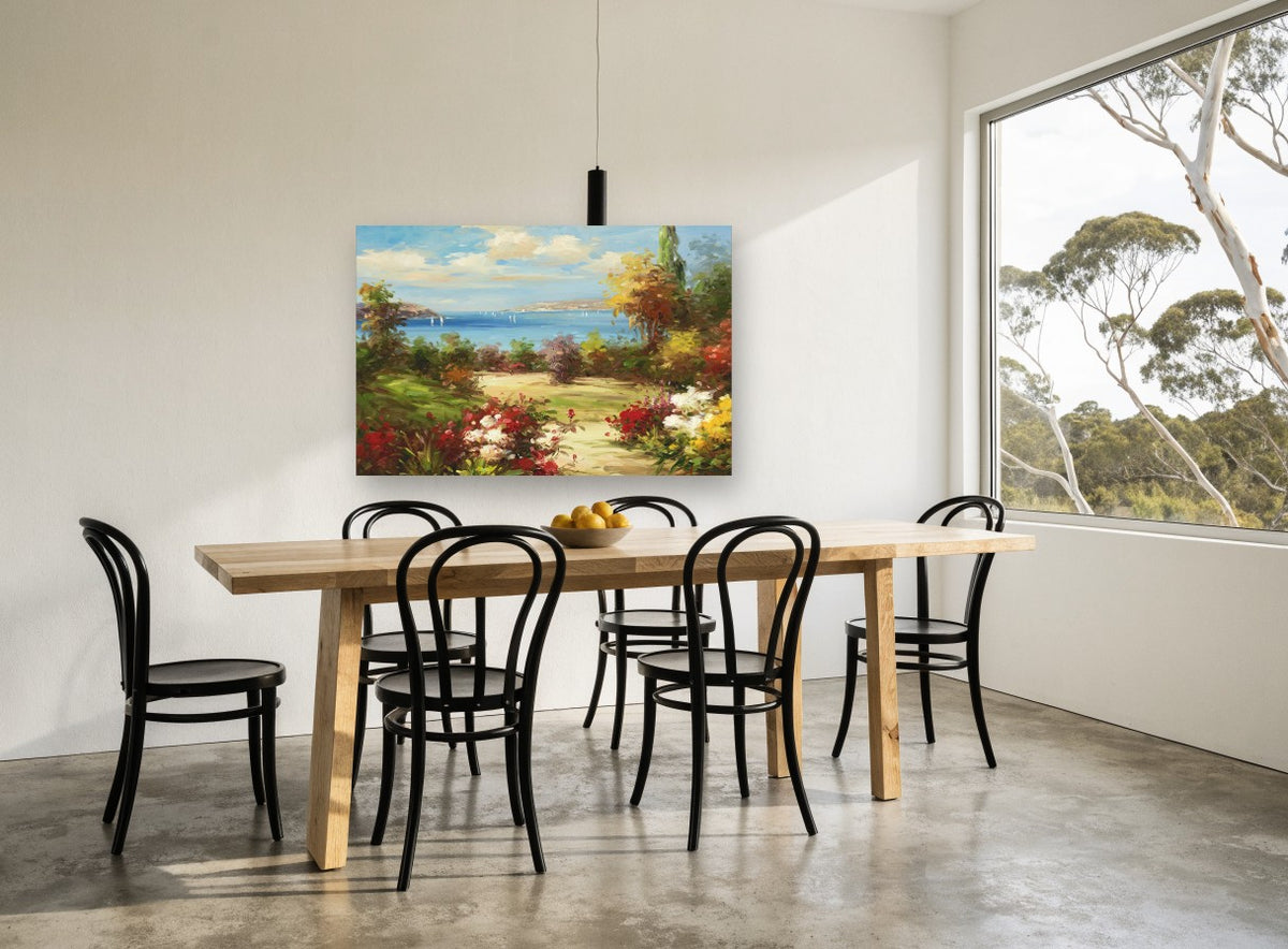 Garden Path to the Bay coastal canvas print on the wall of a dining room