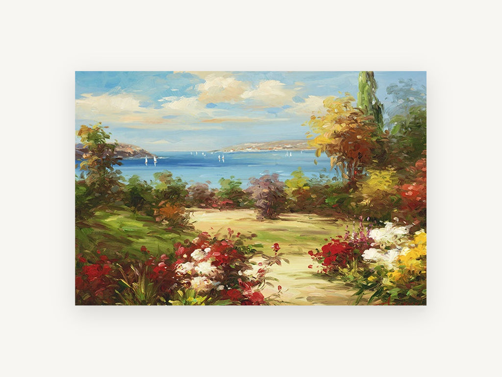 Garden Path to the Bay, coastal canvas wall art print, front view