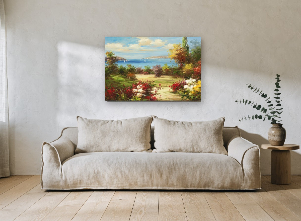 Garden Path to the Bay coastal canvas print on the wall of a living room
