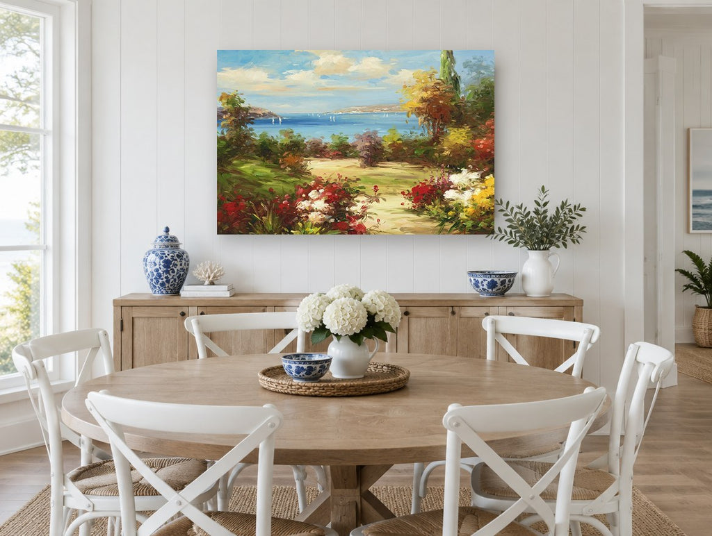 Garden Path to the Bay coastal canvas print on the wall of a Hamptons dining room